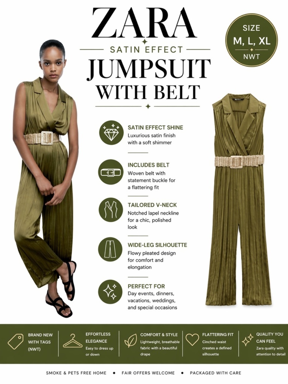 ZARA Olive Green Satin Effect Jumpsuit with Belt NWT Sizes M L XL